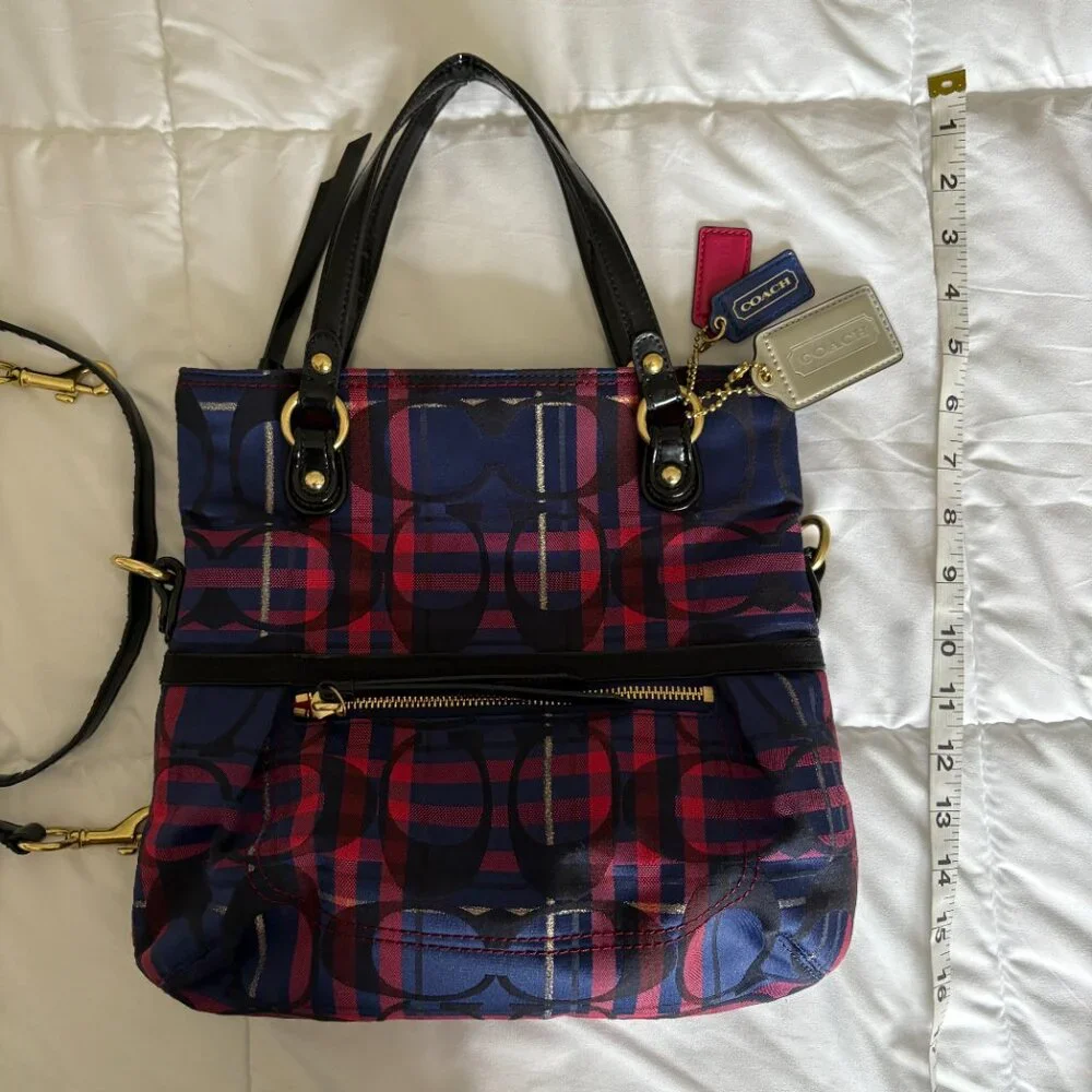 Coach Poppy 2way Shoulder Bag Red Blue Tartan Plaid Signature Canvas Patent Trim